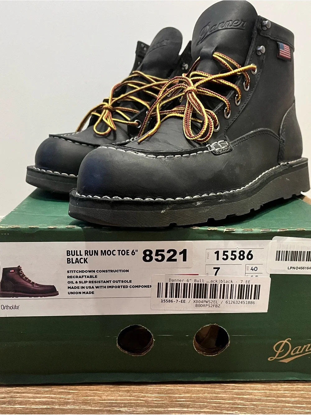 Danner Black Moc Toe Work Boots with Brown and Gold Laces
